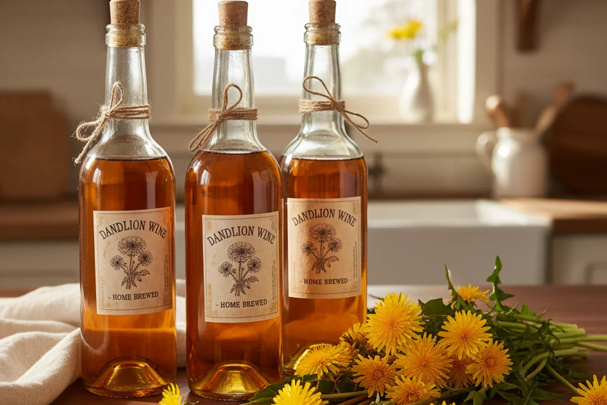 Dandelion wine in a glass jar on a walnut surface, soft natural light illuminating golden liquid