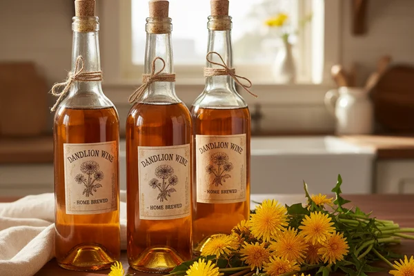 Dandelion wine in a glass jar on a walnut surface, soft natural light illuminating golden liquid