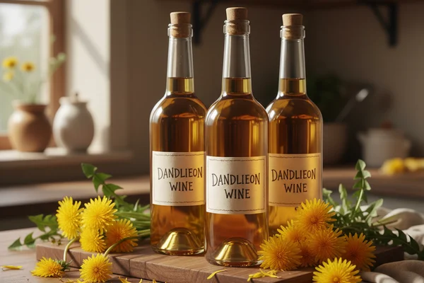 Fresh dandelion blossoms beside a glass carboy of golden wine on a warm walnut surface