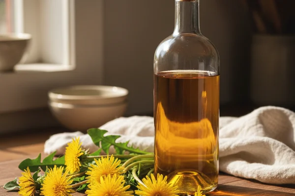 Fresh dandelion blossoms beside a glass carboy of golden wine on a sunlit walnut surface