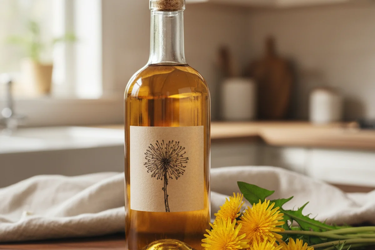 Bright dandelion wine in a glass on a walnut surface, soft natural light, cream linen backdrop