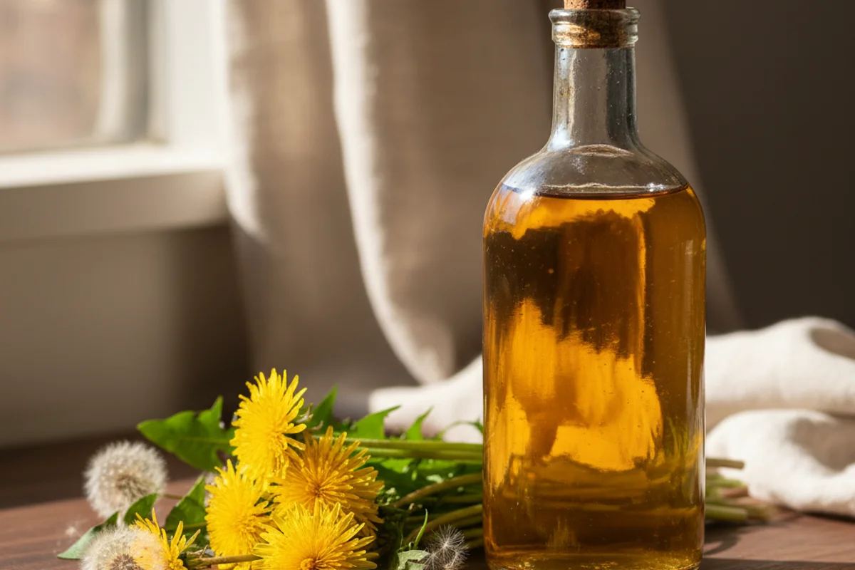 Jar of golden dandelion wine on a walnut surface beside fresh dandelion blooms in soft natural light