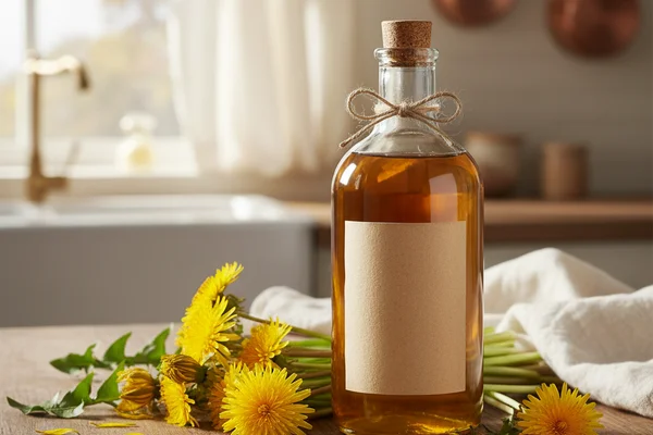 Fresh dandelion blossoms and a glass of golden wine on a sunlit walnut surface with cream linen