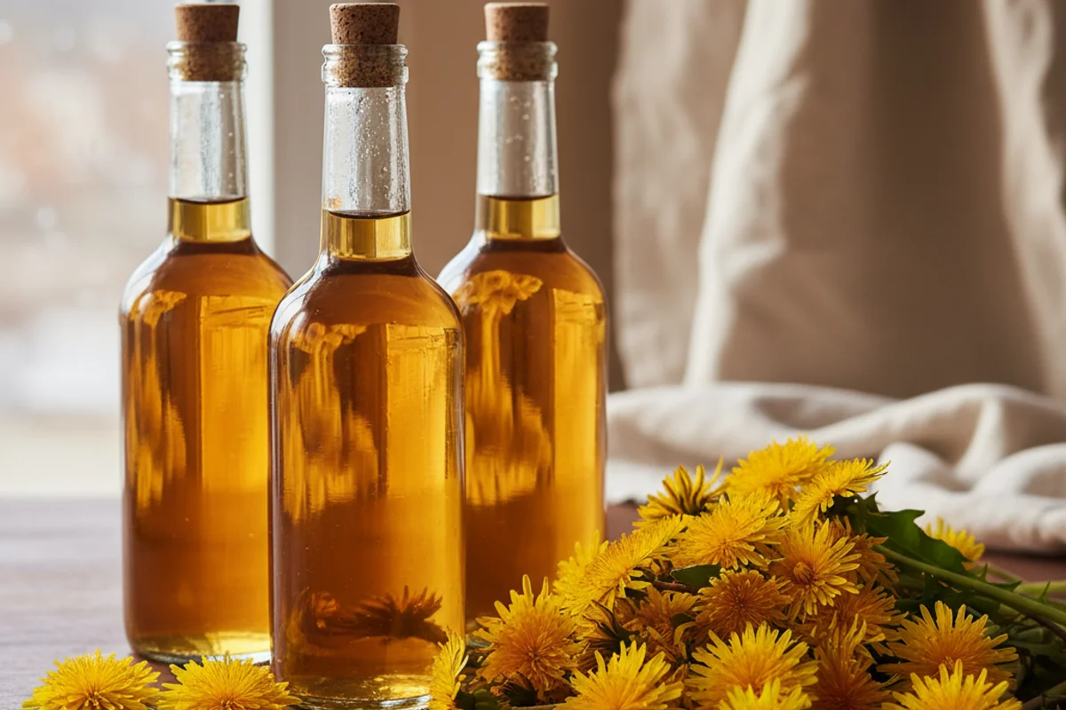 Fresh dandelion blossoms beside a glass carboy of golden wine on a warm walnut surface