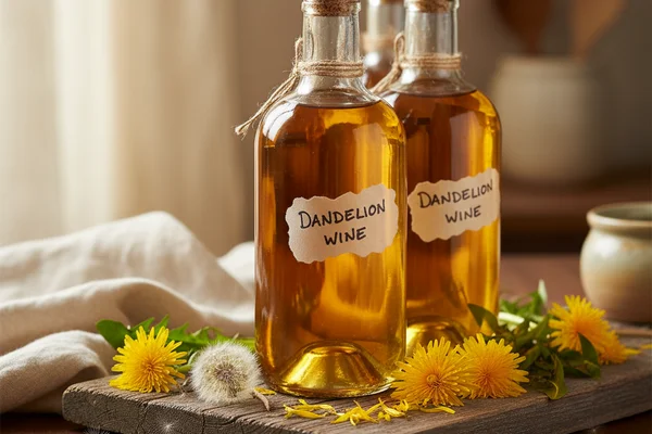 Fresh dandelion blossoms and a glass of golden wine on a walnut surface in soft natural light