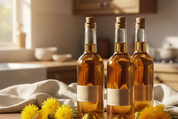 Fresh dandelion blossoms beside a glass of golden wine on a walnut surface in soft natural light