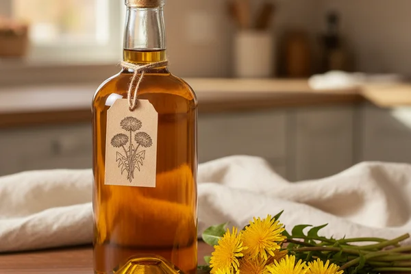 Dandelion wine in a glass jar on a walnut surface, soft natural light, cream linen backdrop