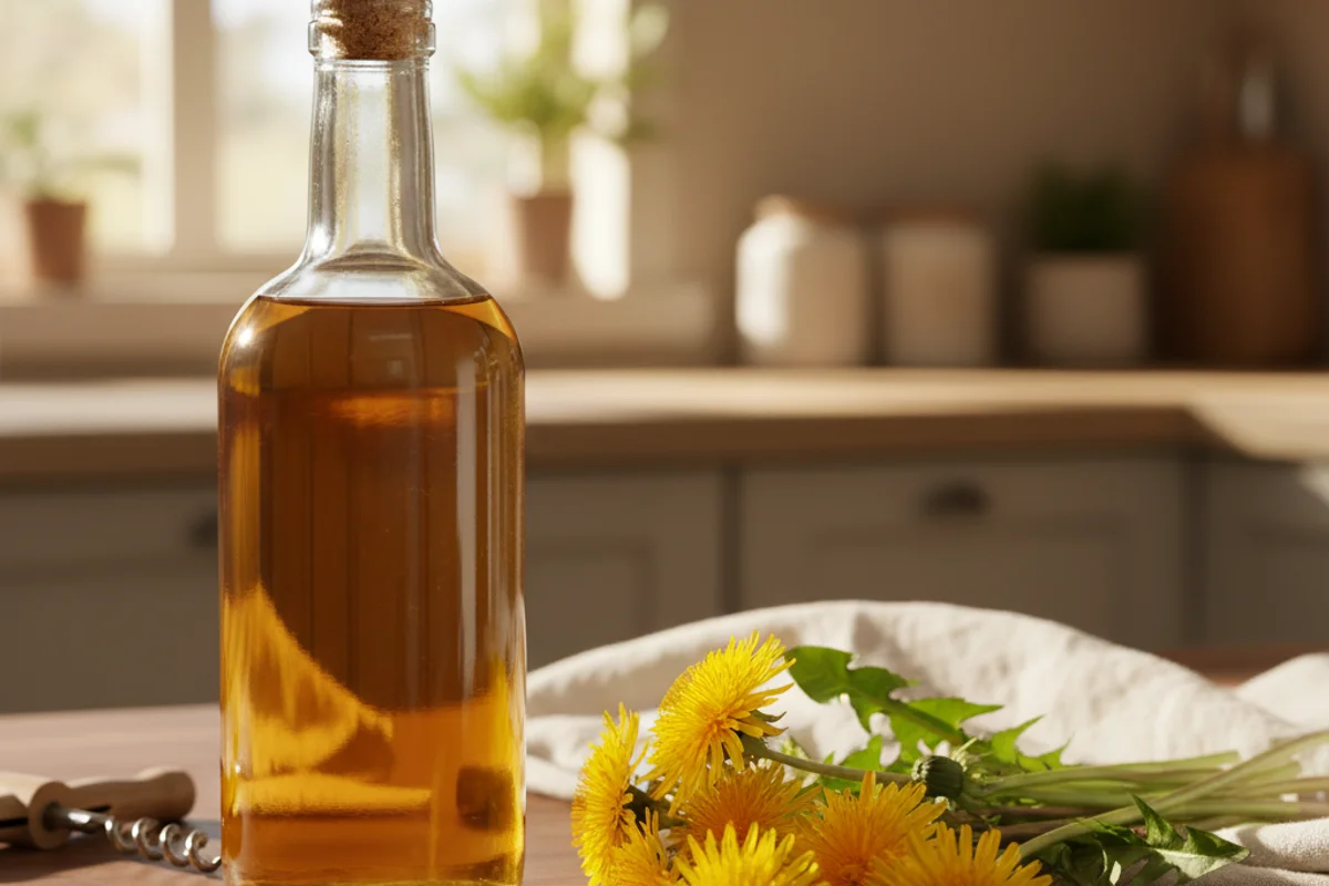 Fresh dandelion wine in a glass jar on a walnut surface, soft natural light, cream linen background