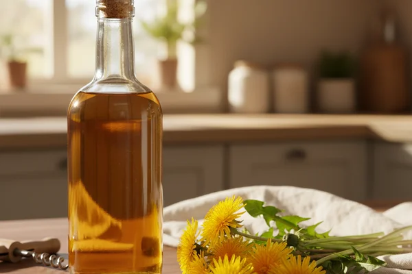 Fresh dandelion wine in a glass jar on a walnut surface, soft natural light, cream linen background