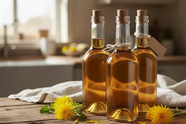 Fresh dandelion blossoms beside a glass carboy of pale golden wine on a warm walnut surface