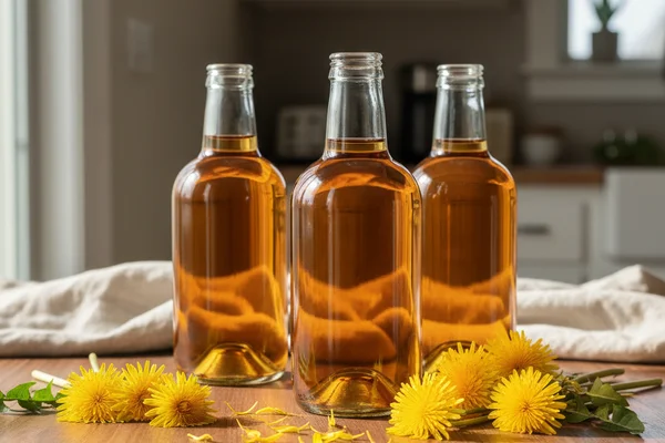 Fresh dandelion blossoms beside a glass carboy of golden wine on a warm walnut surface