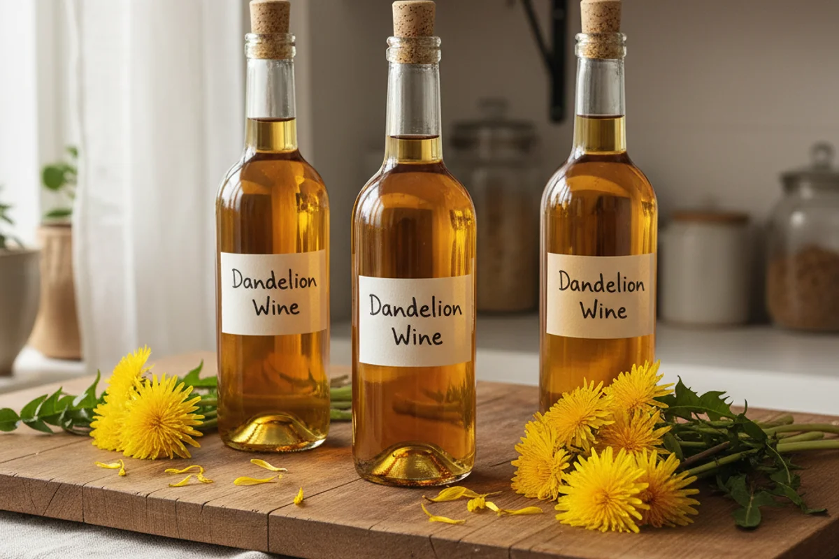 Fresh dandelion blossoms beside a glass of golden wine on a warm walnut surface in soft natural light