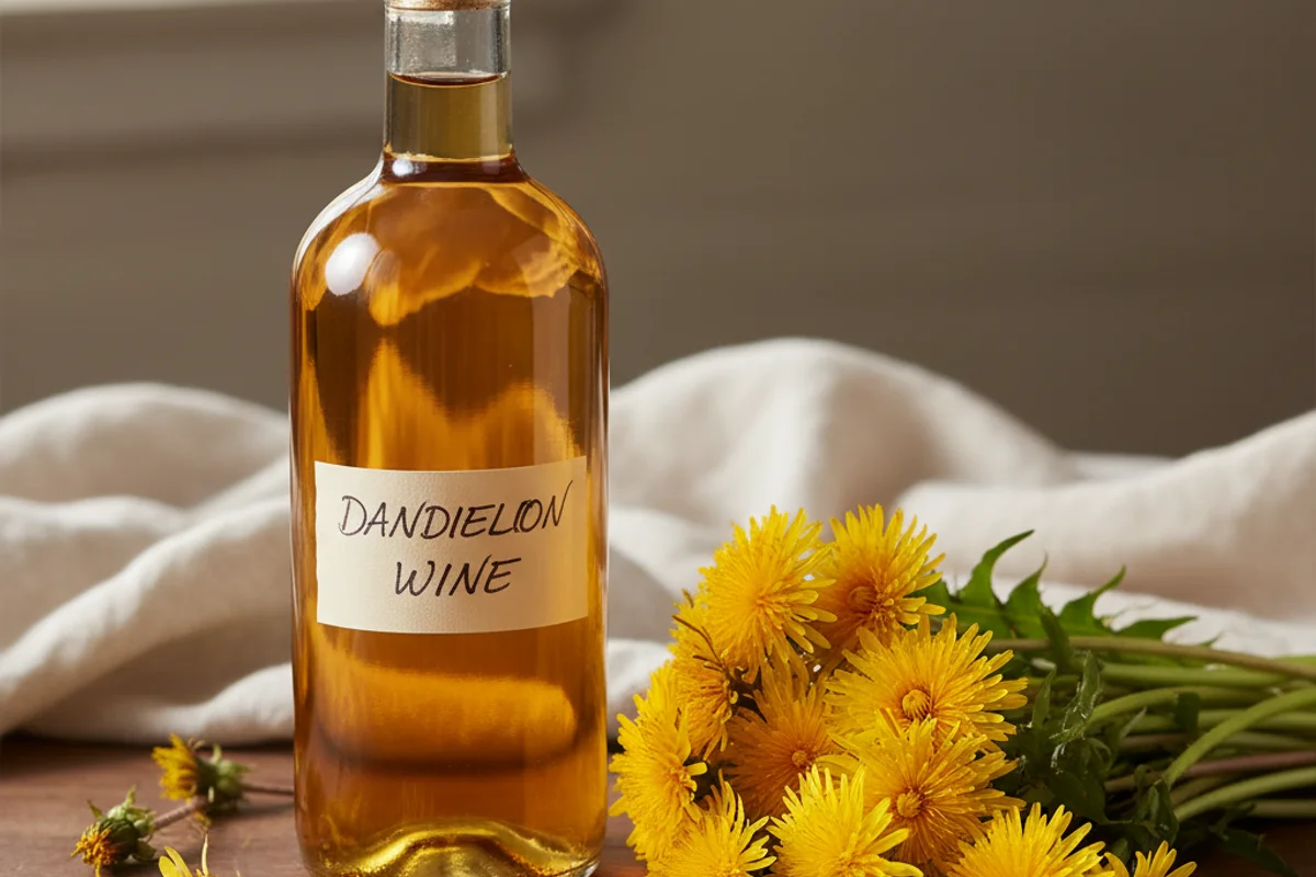 Bright dandelion blossoms beside a glass carboy of golden wine on a warm walnut surface