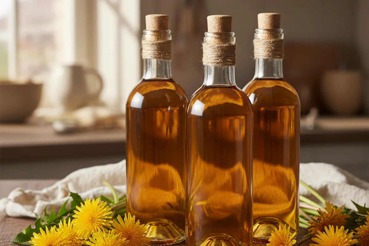 Fresh dandelion blossoms beside a glass of golden wine on a walnut surface in warm natural light