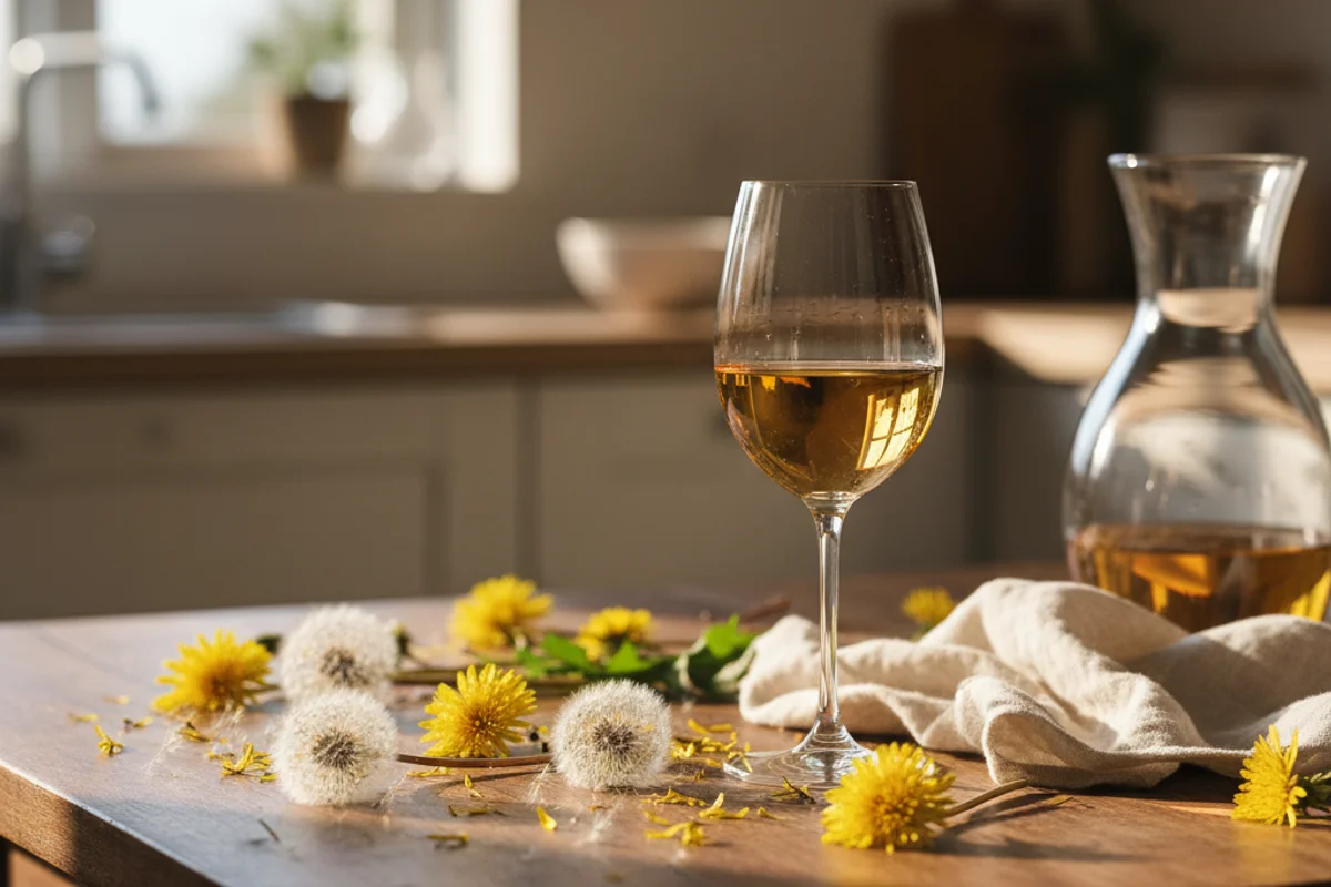 Dandelion wine in a glass jar on a walnut surface, soft natural light, cream linen background