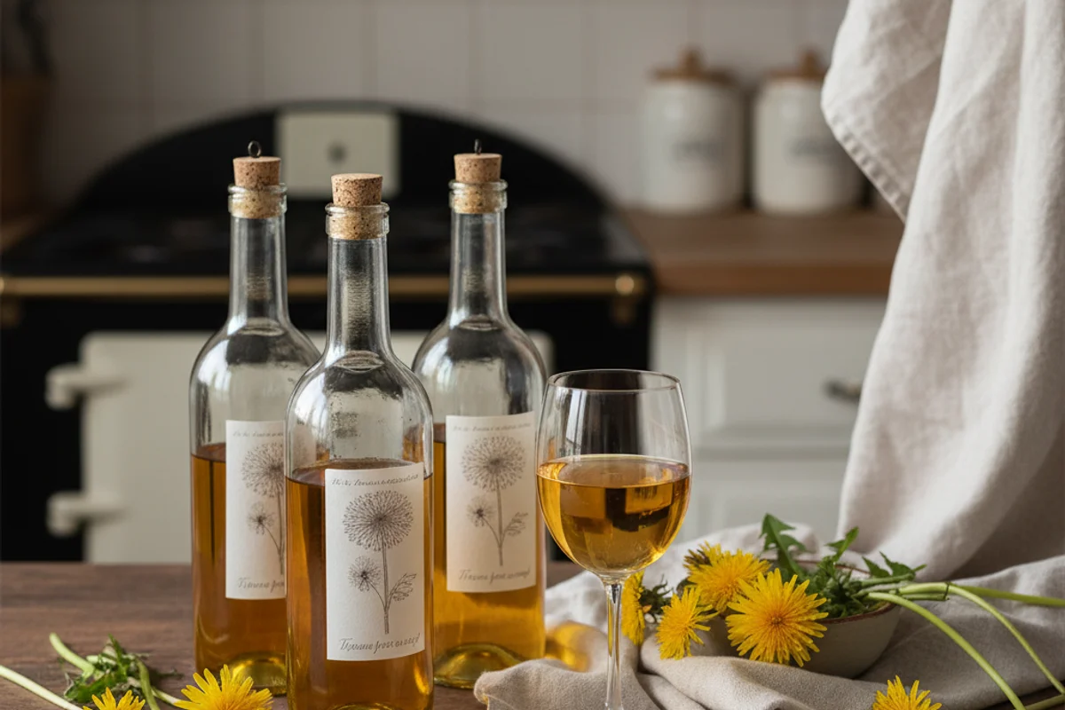 Bright dandelion blossoms beside a glass carboy of golden wine on a sunlit walnut surface