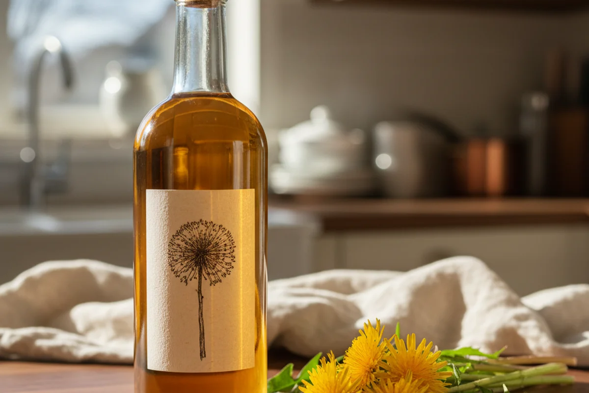 Fresh dandelion blossoms beside a glass carboy of golden wine on a warm walnut surface