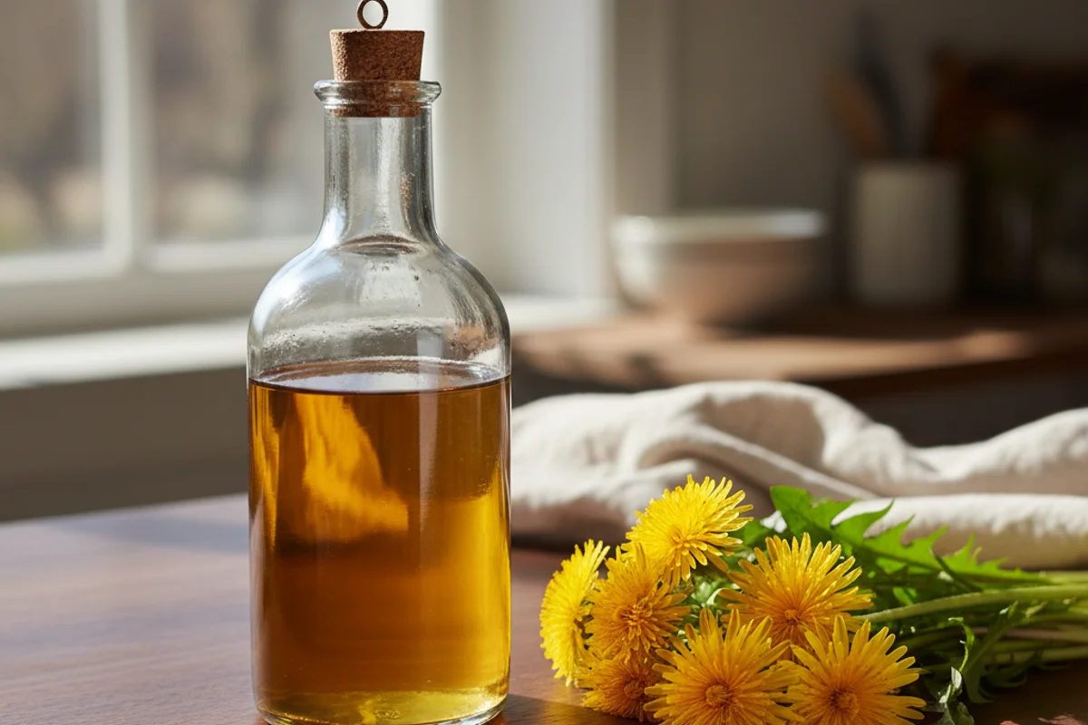 Fresh dandelion blossoms beside a glass of golden wine on a warm walnut surface in soft natural light