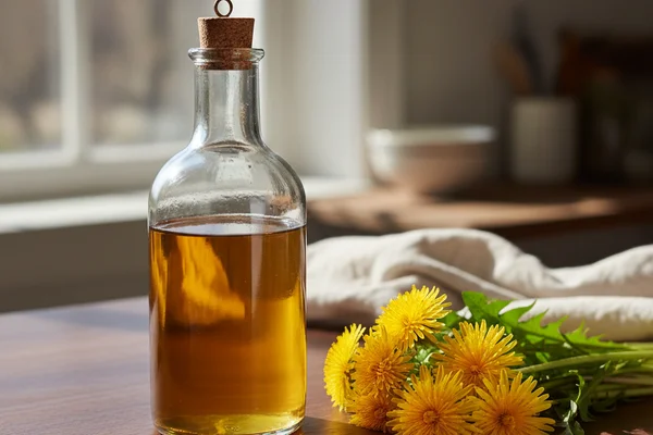 Fresh dandelion blossoms beside a glass of golden wine on a warm walnut surface in soft natural light