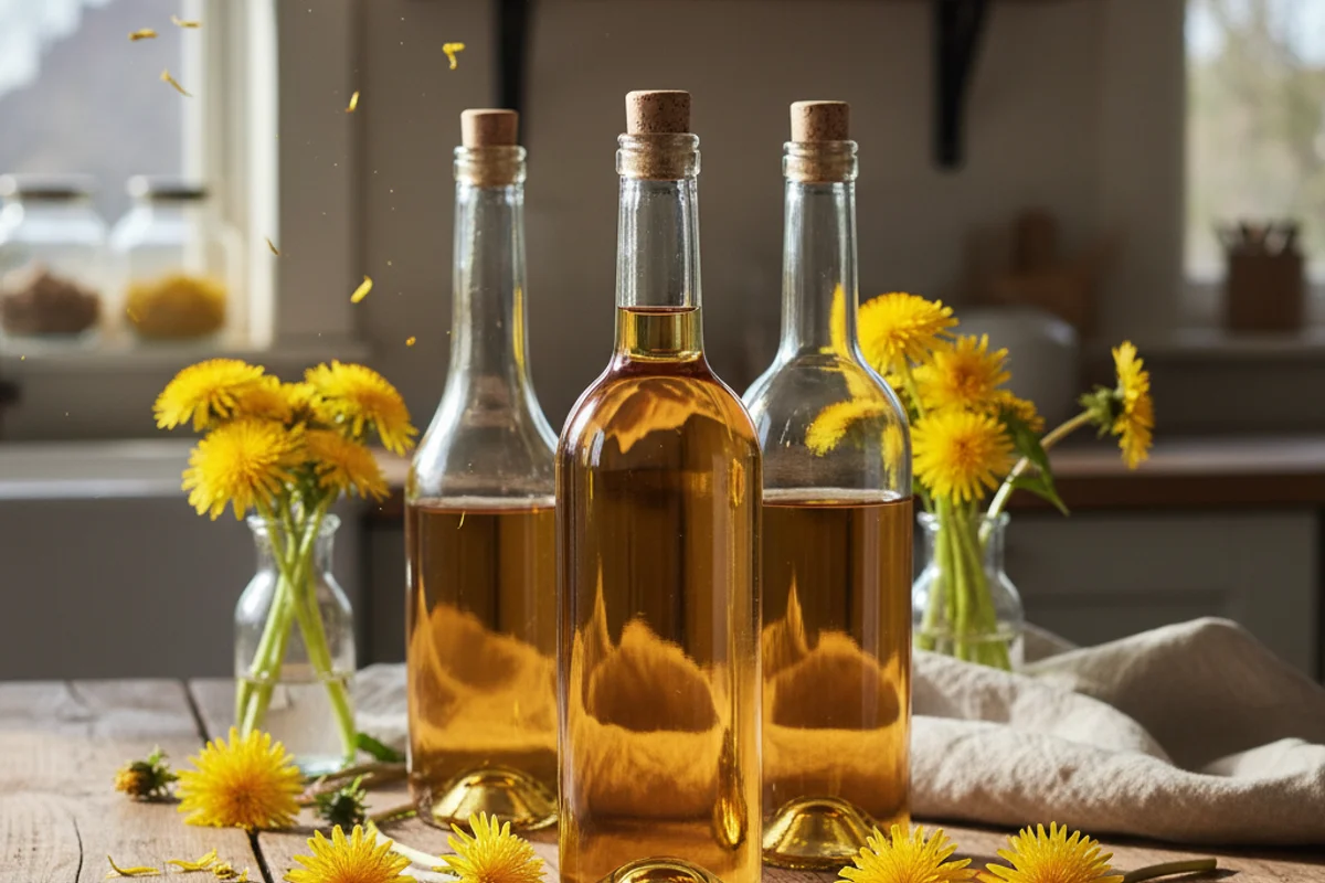Pale golden dandelion wine in a glass beside fresh yellow blossoms on a walnut surface