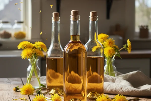 Pale golden dandelion wine in a glass beside fresh yellow blossoms on a walnut surface