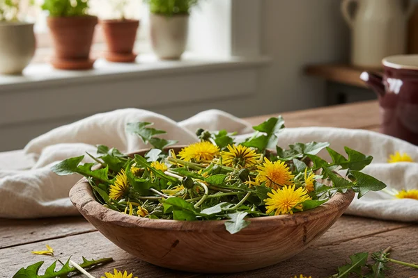 Fresh dandelion blossoms on a walnut surface beside a glass jar in warm natural light