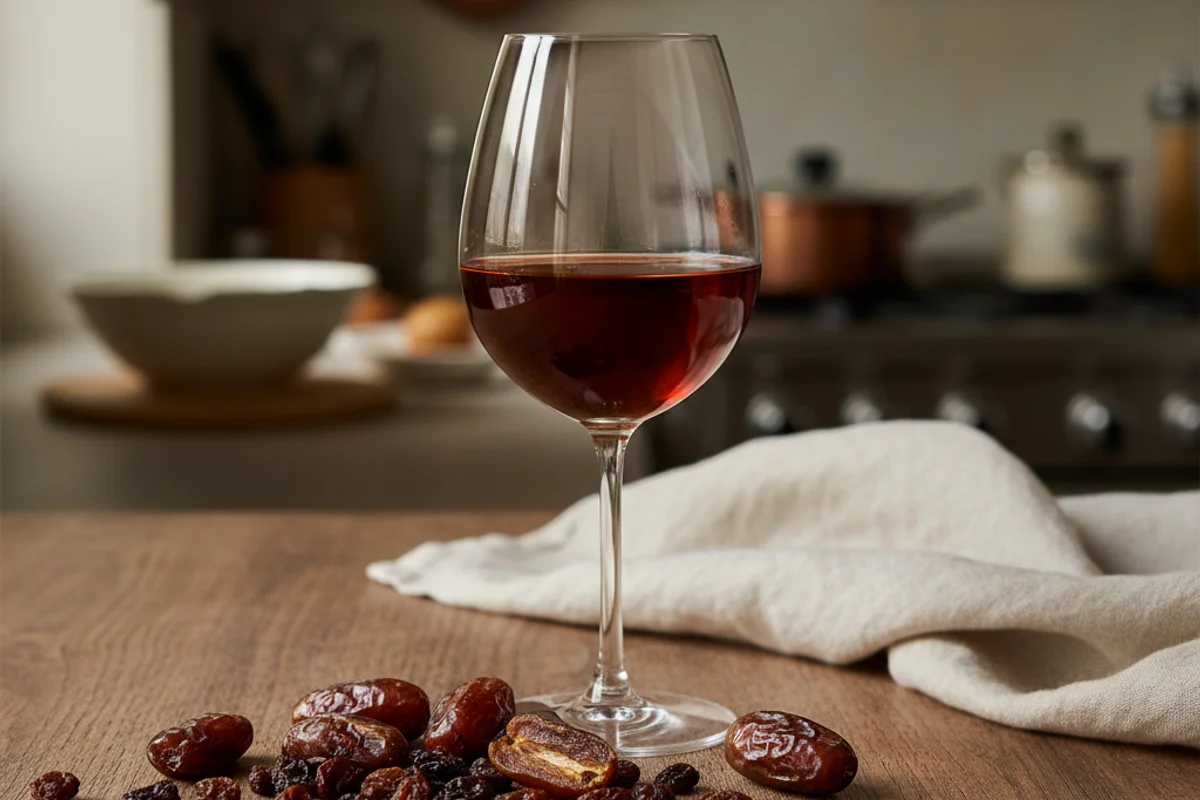 Dried dates and raisins in a ceramic bowl on a walnut surface beside a glass of amber wine