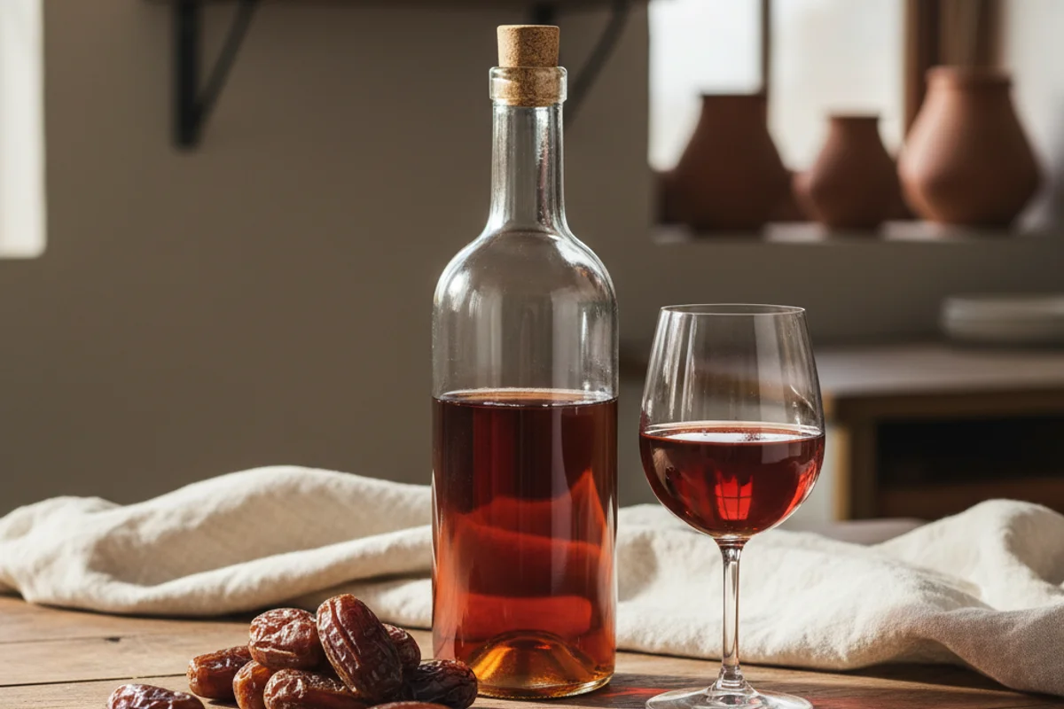 Dried dates and a glass of amber date wine on a walnut surface in warm natural light