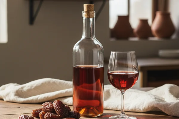 Dried dates and a glass of amber date wine on a walnut surface in warm natural light