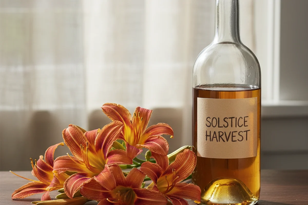 Fresh day lily blossoms beside a glass of golden wine on a warm walnut surface in soft natural light
