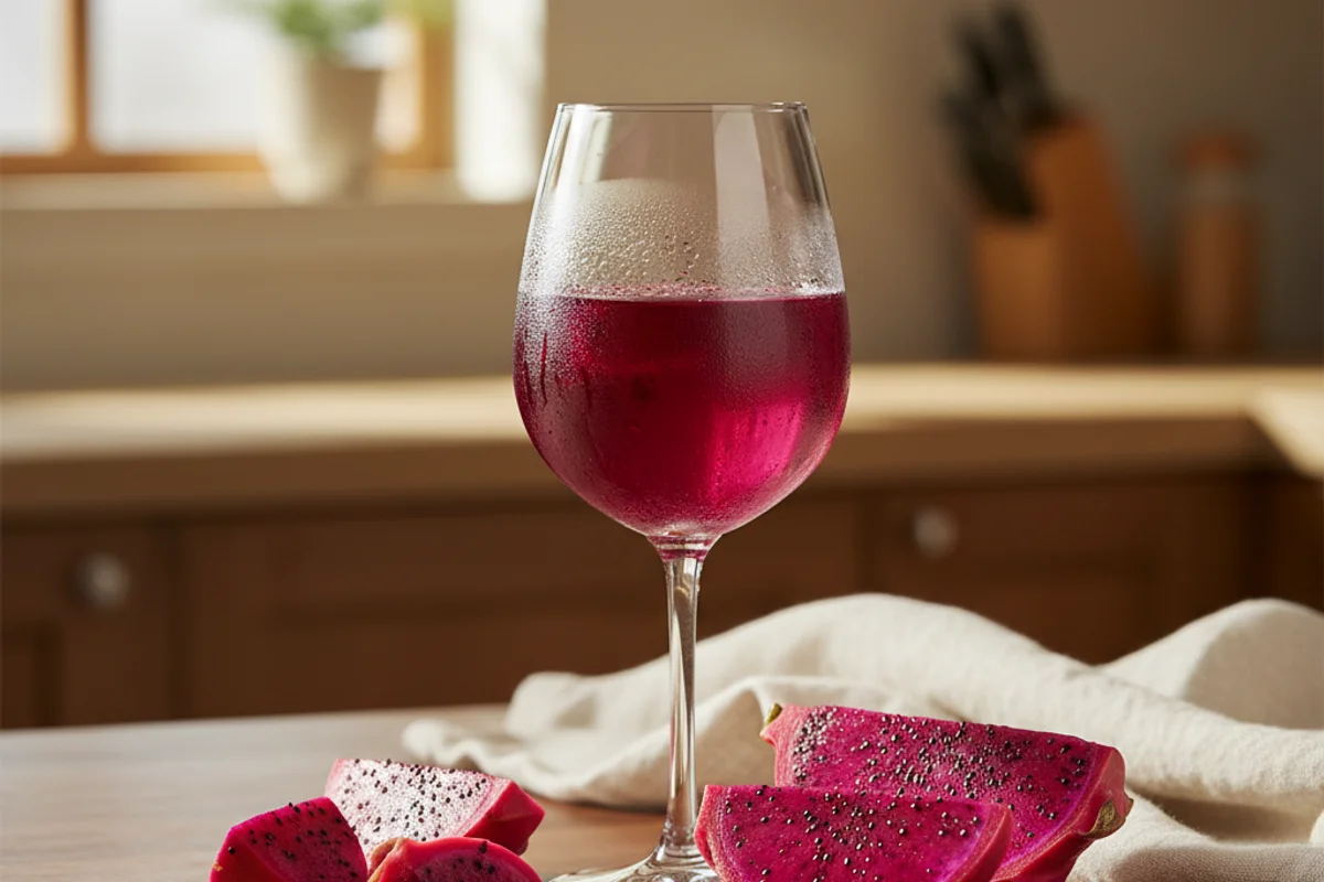 Sliced dragonfruit beside a glass of pale pink wine on a warm walnut surface in soft natural light