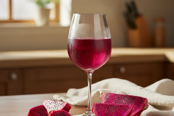 Sliced dragonfruit beside a glass of pale pink wine on a warm walnut surface in soft natural light