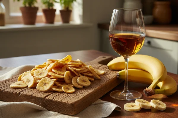 Dried banana chips beside a glass of golden wine on a walnut surface in warm natural light