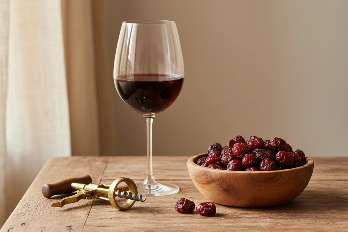 Dried cherries and winemaking equipment on a walnut surface in warm natural light with cream linen