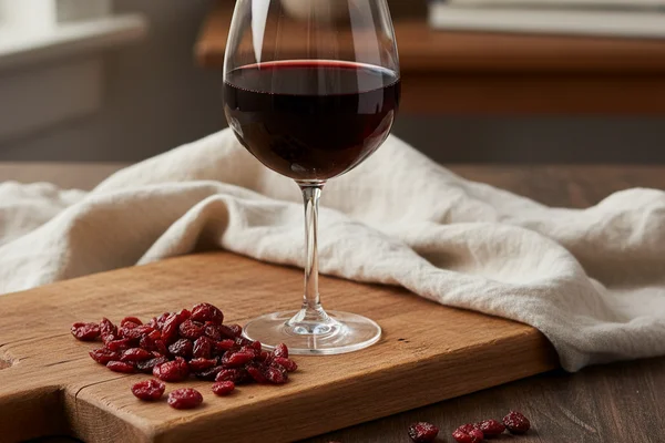 Rustic bowl of dried cranberries beside a glass of deep ruby wine on a walnut surface in soft natural light