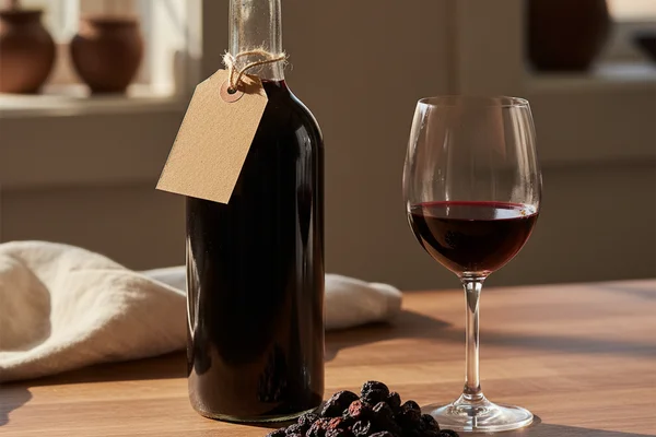 Dried elderberries in a rustic bowl on a walnut surface beside a glass of deep ruby wine in soft natural light