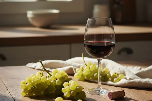 Pale golden Edelweiss grape wine in a glass beside fresh grape clusters on a walnut surface
