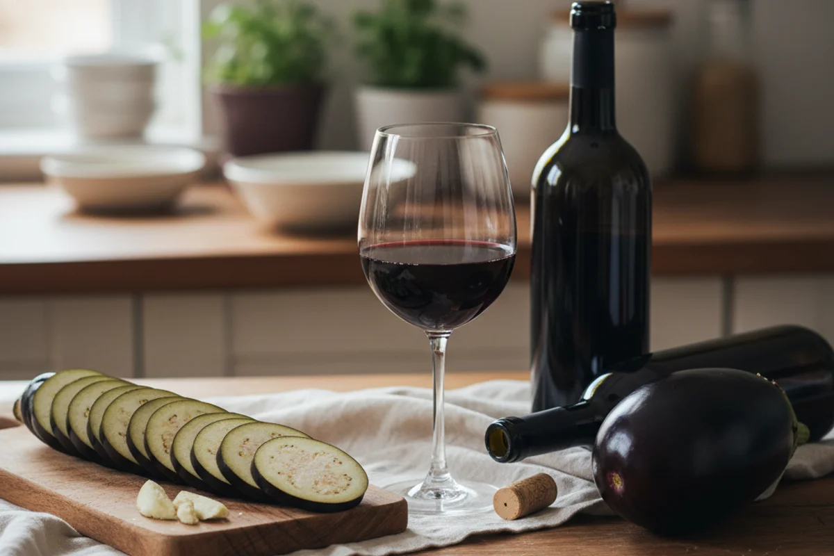 Sliced eggplant beside a glass of deep purple wine on a walnut surface in soft natural light