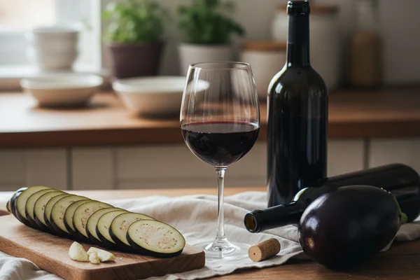 Sliced eggplant beside a glass of deep purple wine on a walnut surface in soft natural light