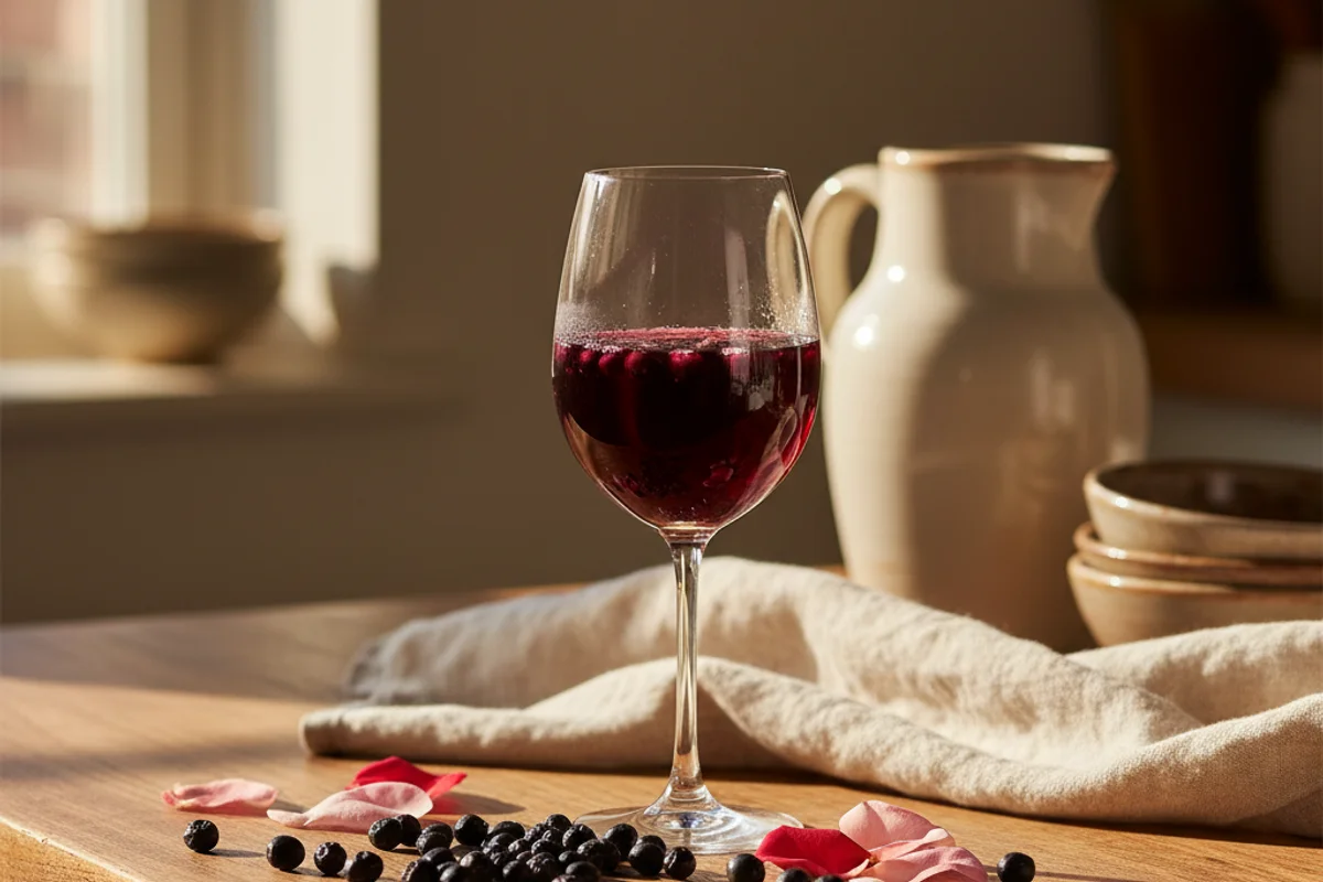 Elderberry rosé wine in a glass on a walnut surface, soft natural light, cream linen backdrop