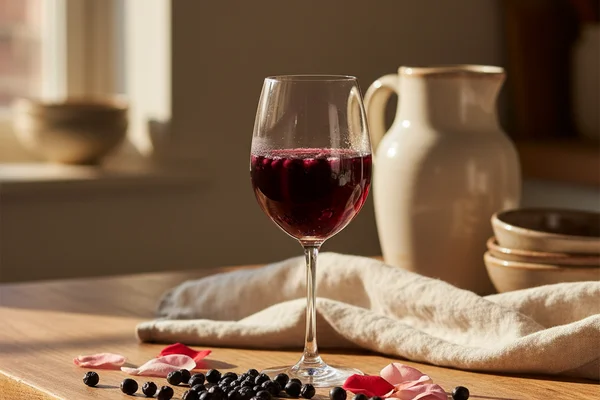 Elderberry rosé wine in a glass on a walnut surface, soft natural light, cream linen backdrop