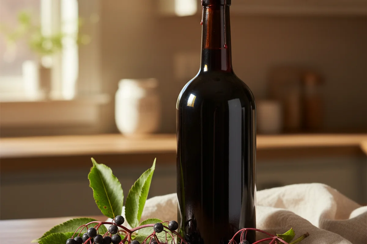 Fresh elderberries in a rustic bowl on a walnut surface, surrounded by winemaking equipment in warm light