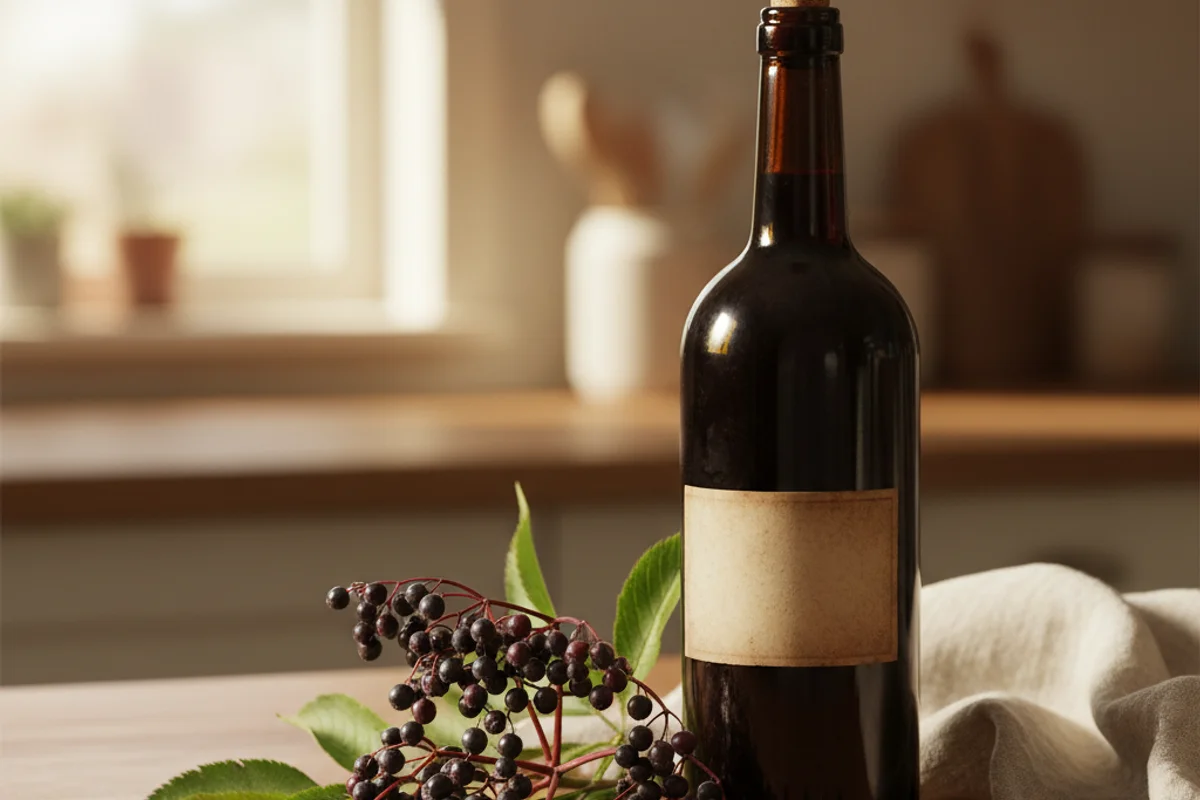 Fresh elderberries in a ceramic bowl on a walnut surface beside a glass of deep purple wine in soft natural light