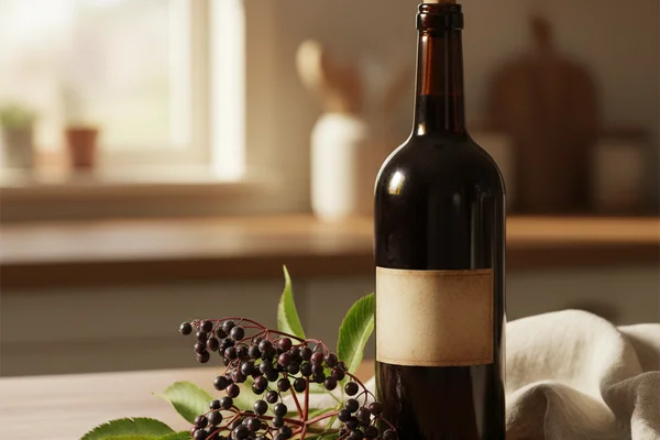 Fresh elderberries in a ceramic bowl on a walnut surface beside a glass of deep purple wine in soft natural light