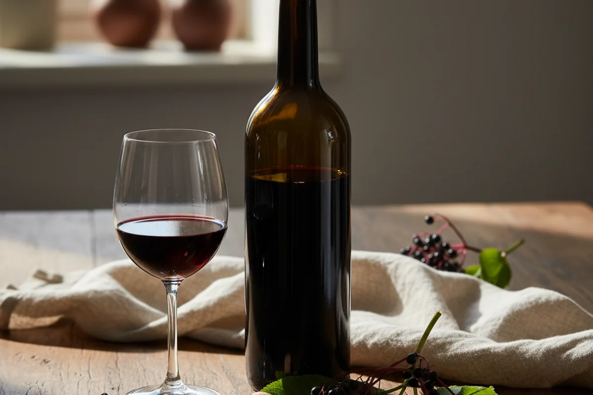 Fresh elderberries in a ceramic bowl on a walnut surface beside a glass carboy in soft natural light