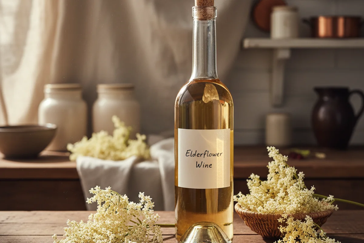 Dried elderflowers in a ceramic bowl on a walnut surface beside a glass of pale golden wine in soft natural light