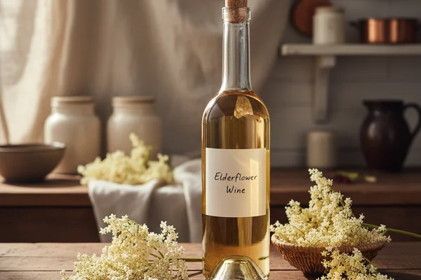 Dried elderflowers in a ceramic bowl on a walnut surface beside a glass of pale golden wine in soft natural light