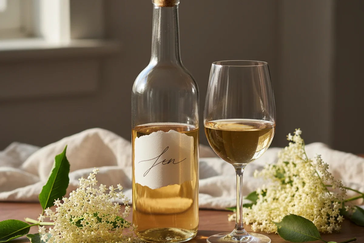 Fresh elderflower clusters in a glass jar on a walnut surface, soft natural light, cream linen backdrop