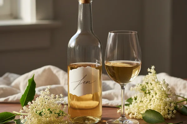 Fresh elderflower clusters in a glass jar on a walnut surface, soft natural light, cream linen backdrop
