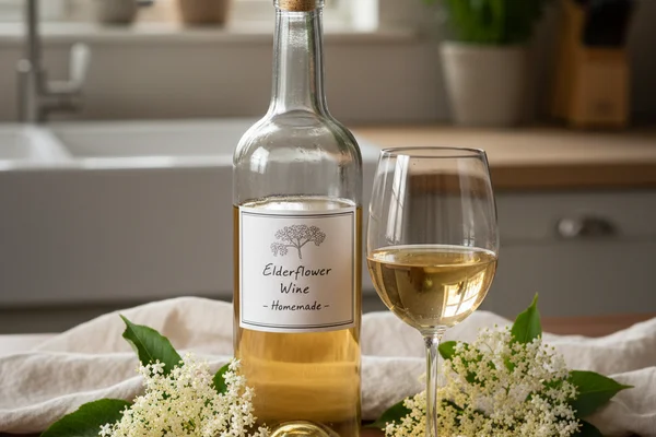 Elderflower wine in a glass on a walnut surface beside fresh elderflower blossoms in soft natural light